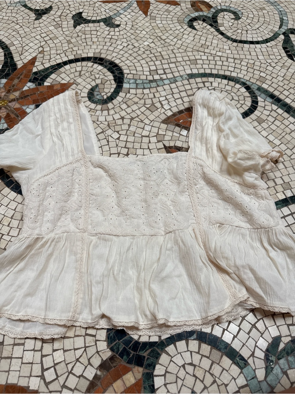American Eagle Outfitters Cream Eyelet Square-Neck Peasant Blouse